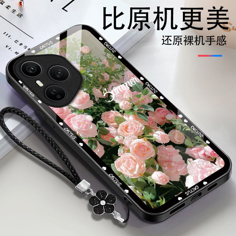 玫瑰花适用荣耀500Pro手机壳honor400/300Ultra新200/100Pro+玻璃90/80GT70/60/50/30/20se9/8x荣耀v40/30