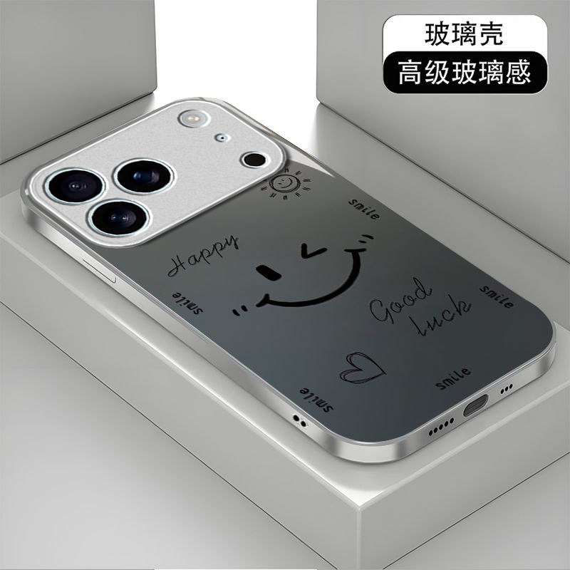 英文笑脸适用苹果17promax手机壳iPhone16/15pro新款14女13mini全包xsmax防摔xr12pro硬壳11玻璃ip6s/7/8plus