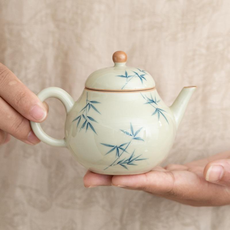 冰台手绘竹子茶壶新中式梨壶手绘陶瓷家用茶具仿古功夫泡茶器
