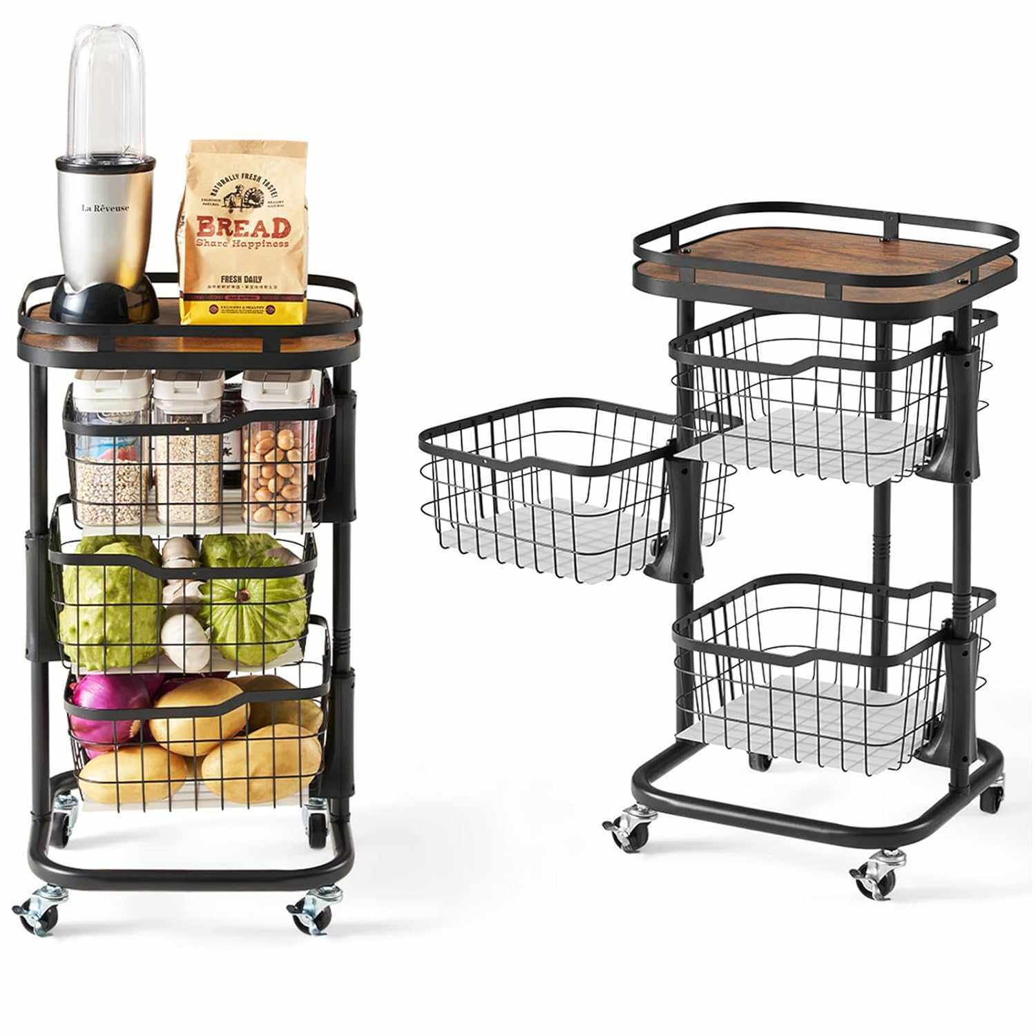 厨房蔬菜收纳车水果篮带旋转碗滚轮带钢丝网篮食品储藏室收纳架