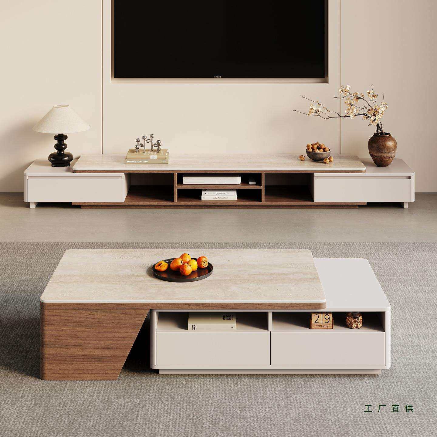 中古风洞石岩板伸缩茶几电视柜客厅家用小户型现代简约实木茶几桌