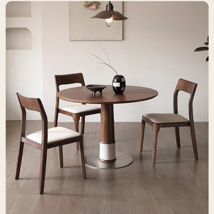 2026北欧圆形餐桌北美黑胡桃木复古拼花实木饭桌家用小户型餐桌椅