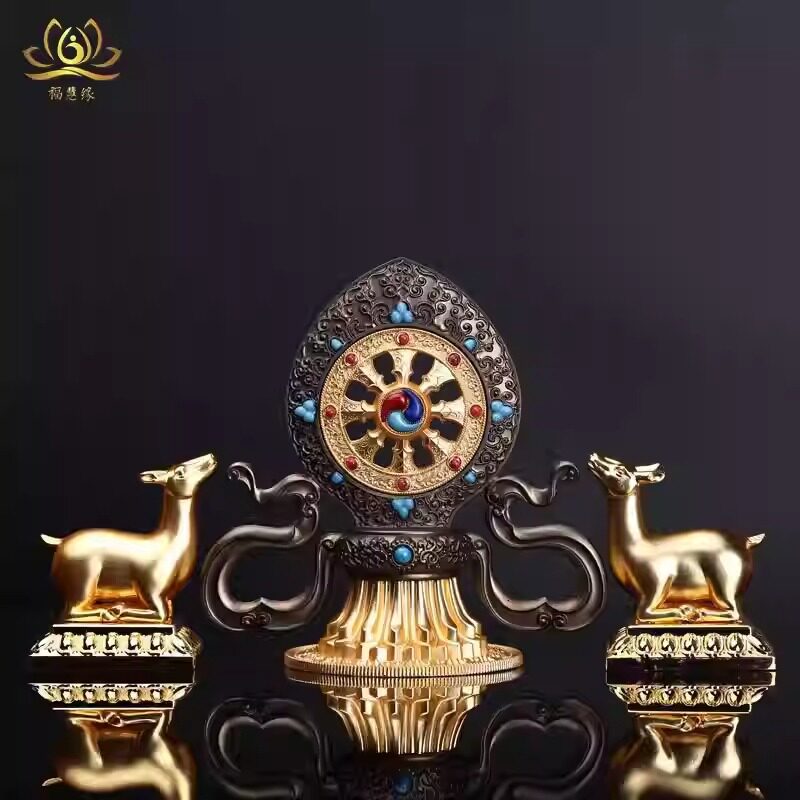 藏传用品密宗轮王七珍 双鹿转法轮摆件法轮宝摆件