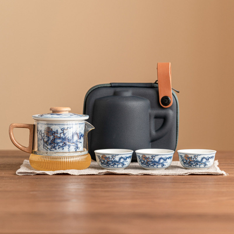 龙纹旅行茶具便携式快客杯个人专用随身包套装户外泡茶壶茶杯批发