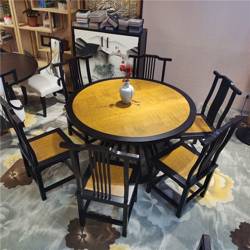 新中式白蜡木餐桌椅家用圆桌加餐椅套装实木贴皮中式饭桌圆形餐桌