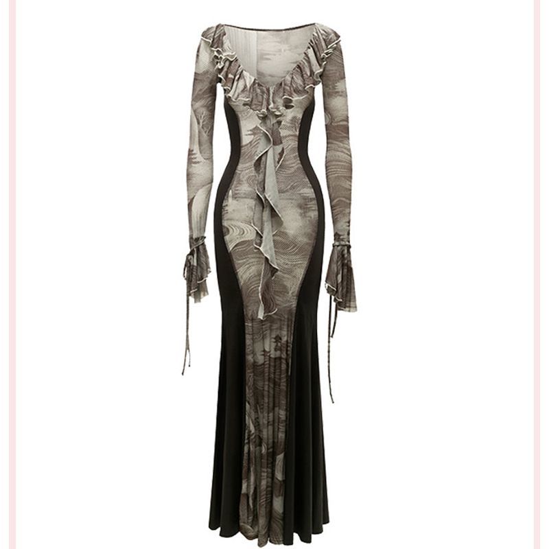 木耳边印花拼接包臀修身辣妹裙高级感御姐显身材鱼尾连衣裙