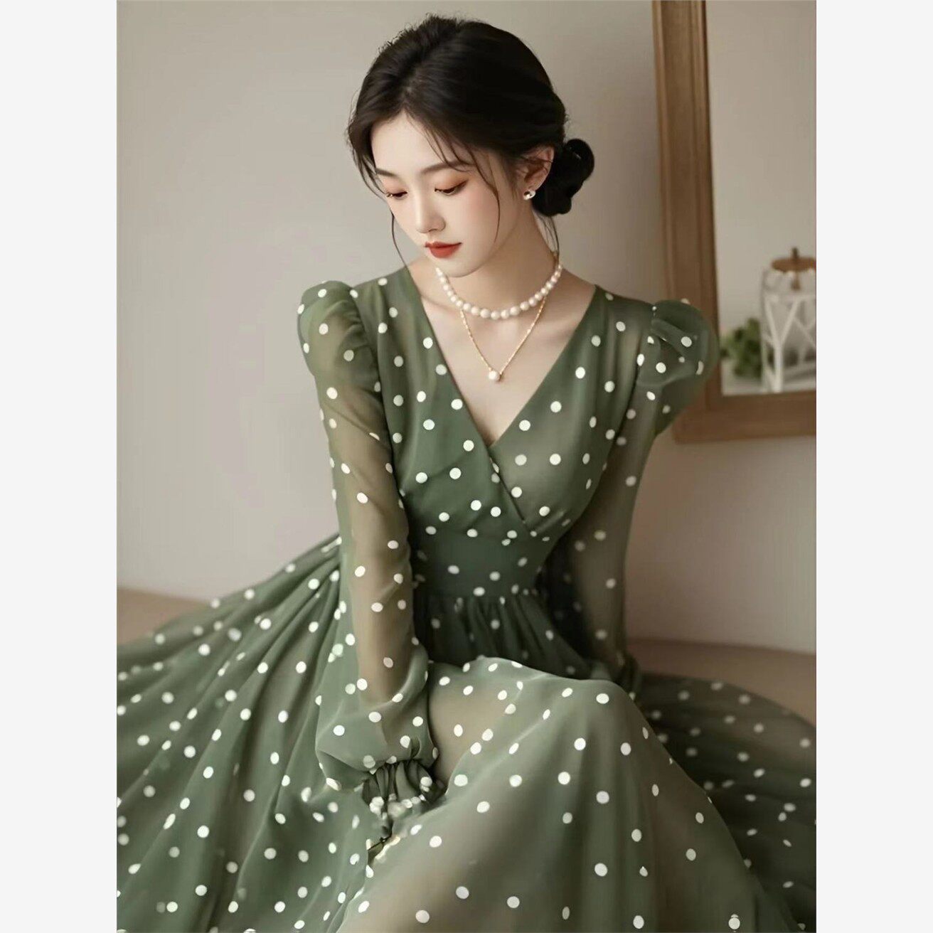 绿色波点雪纺连衣裙女202