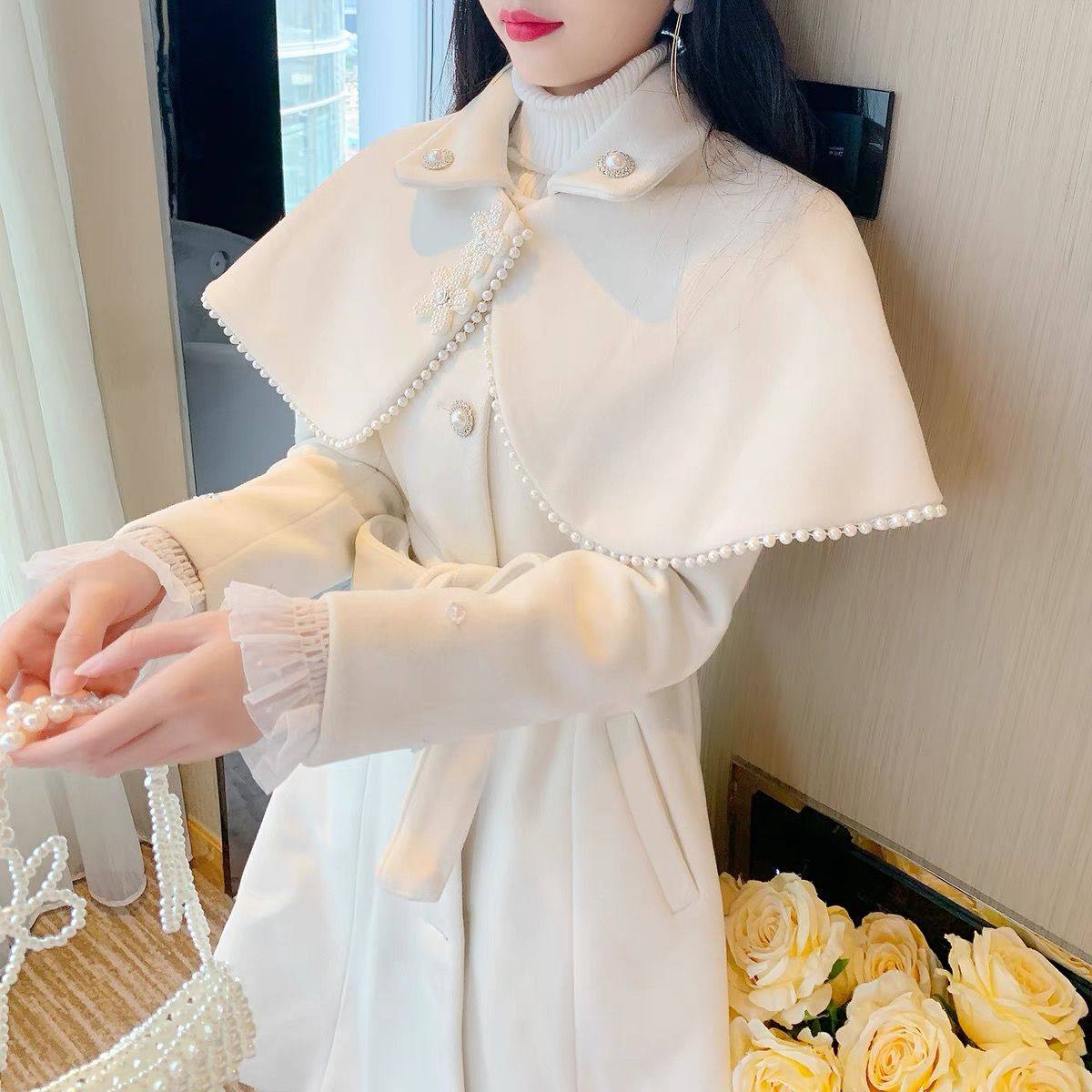 水貂绒毛呢外套女中长款修身加厚2024年秋季新款甜美斗篷呢子大衣