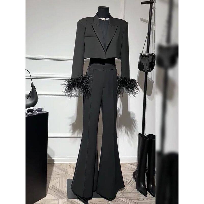 西装女时尚短外套阔腿裤两件套晚礼服2024新款一整套