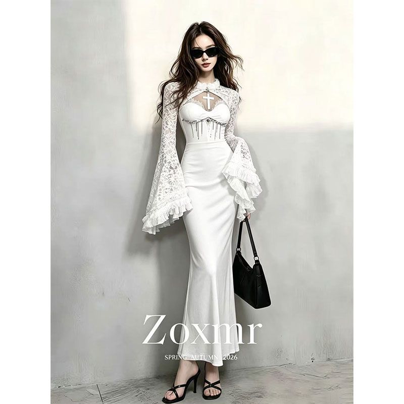 优雅显瘦白色鱼尾裙两件