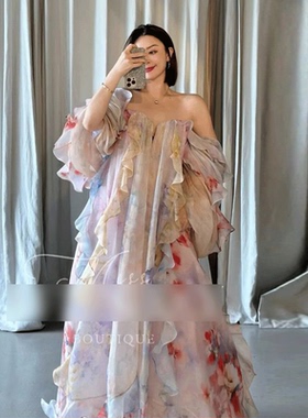 澳洲小众Zim2025春夏度假深V甜美抹胸长裙露肩超仙大摆连衣裙