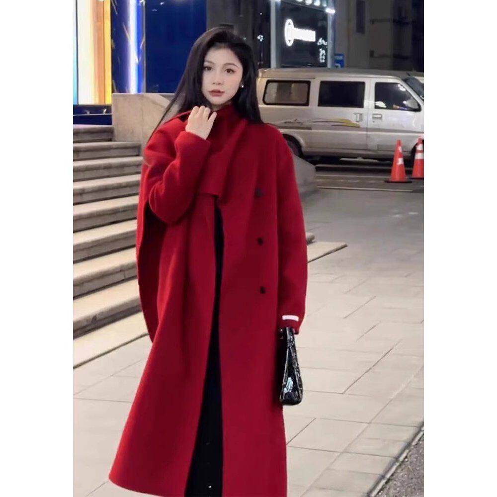 新年呢子大衣女冬季法式小香风高级感轻奢红色长款外套