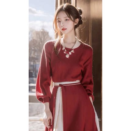 毛衣裙女秋冬中长款新中式汉服改良版旗袍高端红色针织连衣裙