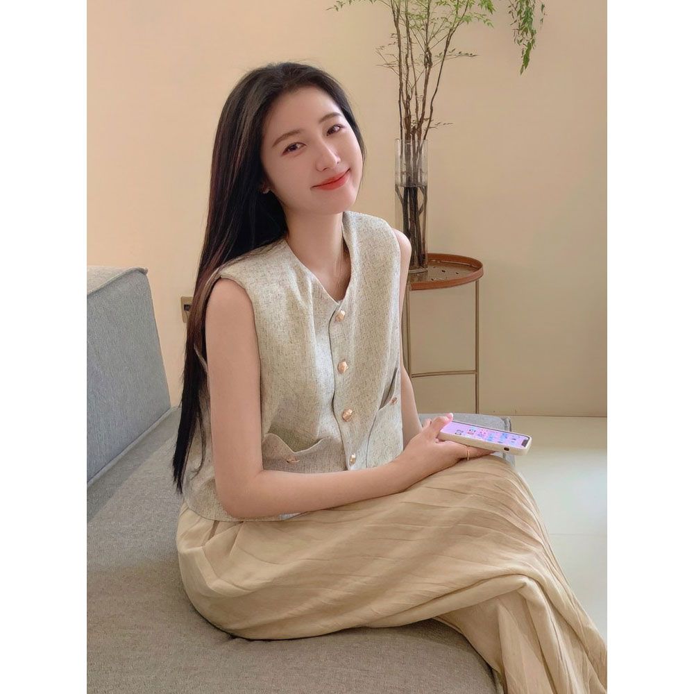 小金扣无袖马甲裤子套装