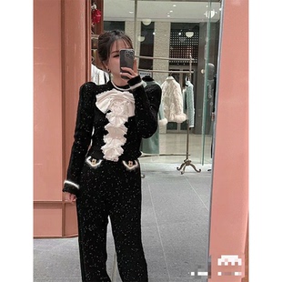 费琳拉菲姆2023秋冬新款黑色星空蝴蝶结针织衫上衣长裤套装