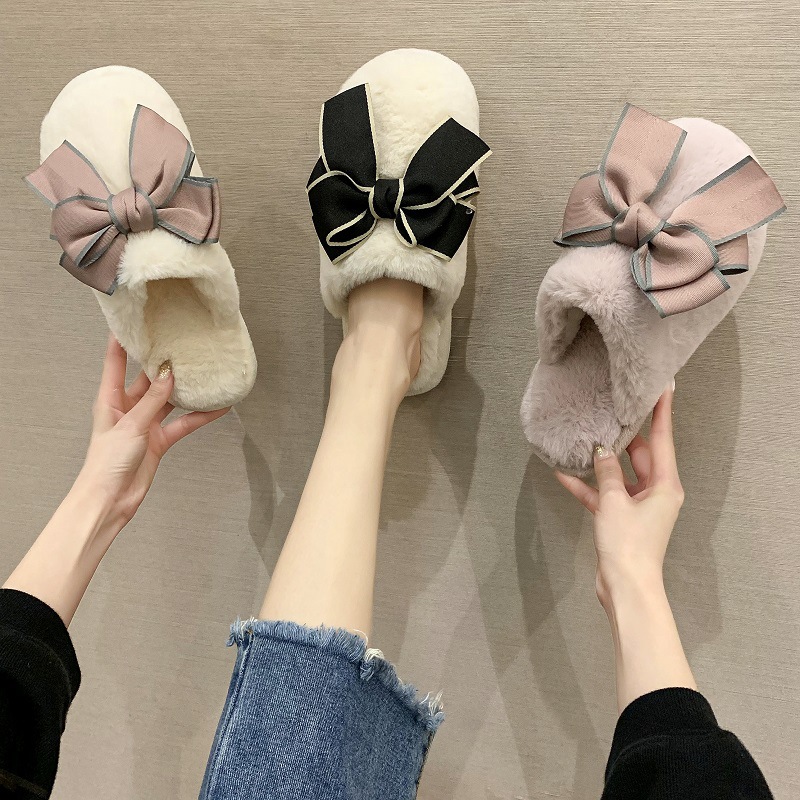 韩系蝴蝶结棉拖鞋女秋冬心时尚居家防滑保暖毛绒棉鞋月子鞋女