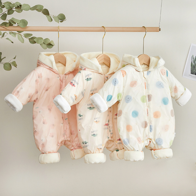 新款婴幼儿连体衣新生儿羽绒棉哈衣连帽外套加厚爬服宝宝冬季棉衣