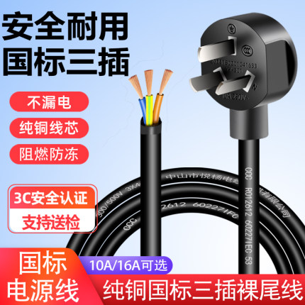 三3芯电源线 插头带线国标电线大功率10a/16a单头1.5/2.5平方纯铜