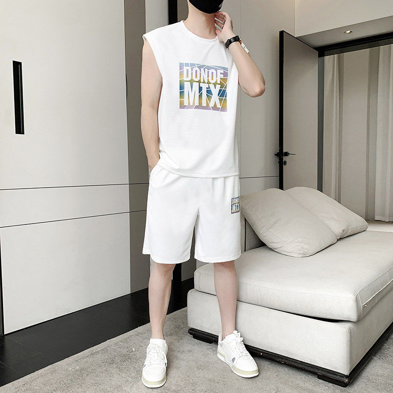 开乐服饰海家无袖套装t恤男士夏季青年背心健身运动套装短袖短裤