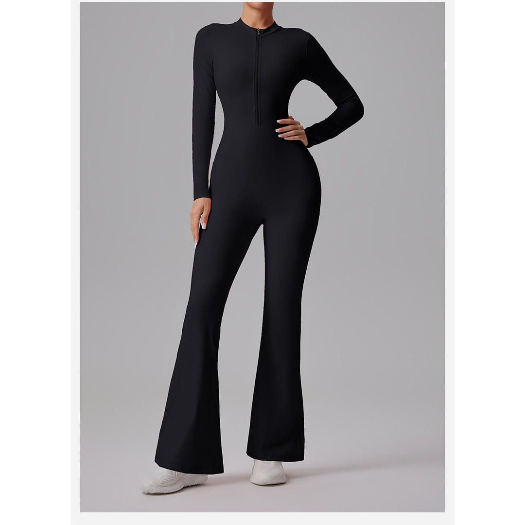欧美裸感长袖瑜伽连体衣女拉链修身显瘦健身喇叭裤连体瑜伽服