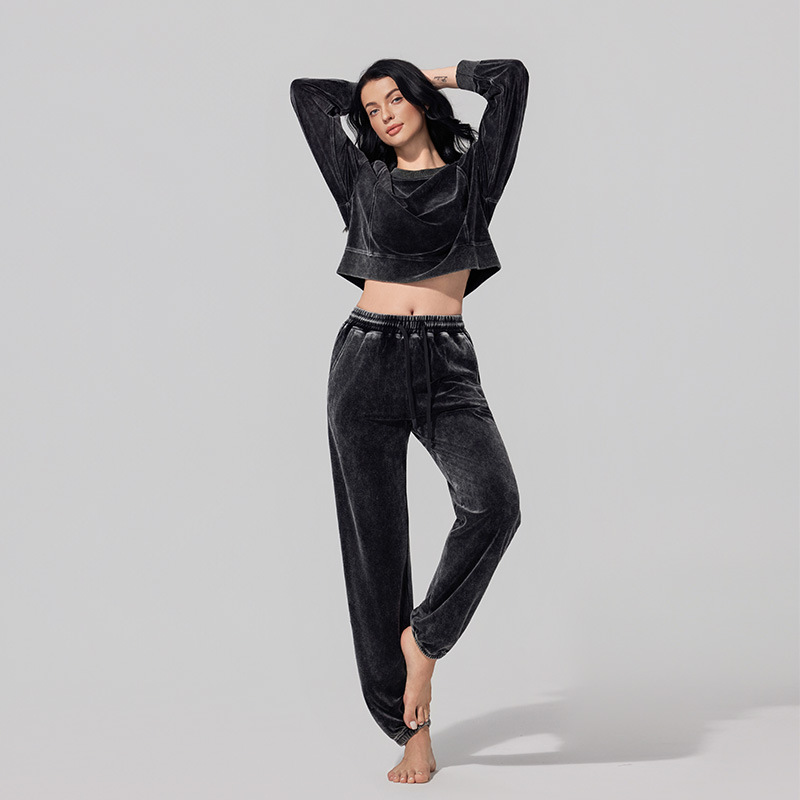 跨境新款金丝绒套装秋冬圆领休闲运动卫衣女跑步宽松炒色束脚裤
