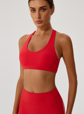 新款高弹交叉含胸垫红色瑜伽运动文胸透气健身服挂脖美背运动内衣