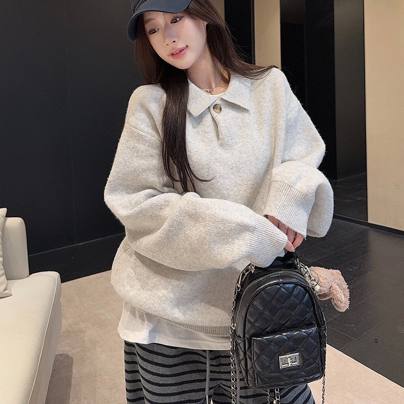 实拍包芯纱长袖针织衫女装纯色春秋宽松打底衫POLO领保暖上衣