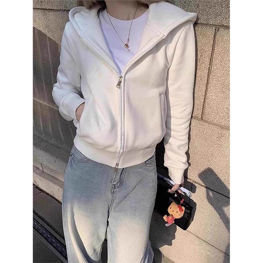 白色短款卫衣外套女2025新款爆款小个子春秋冬加绒设计感拉炼开衫