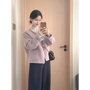 高级感超好看紫色短款毛呢外套女秋冬百搭双面穿呢子大衣2025新款