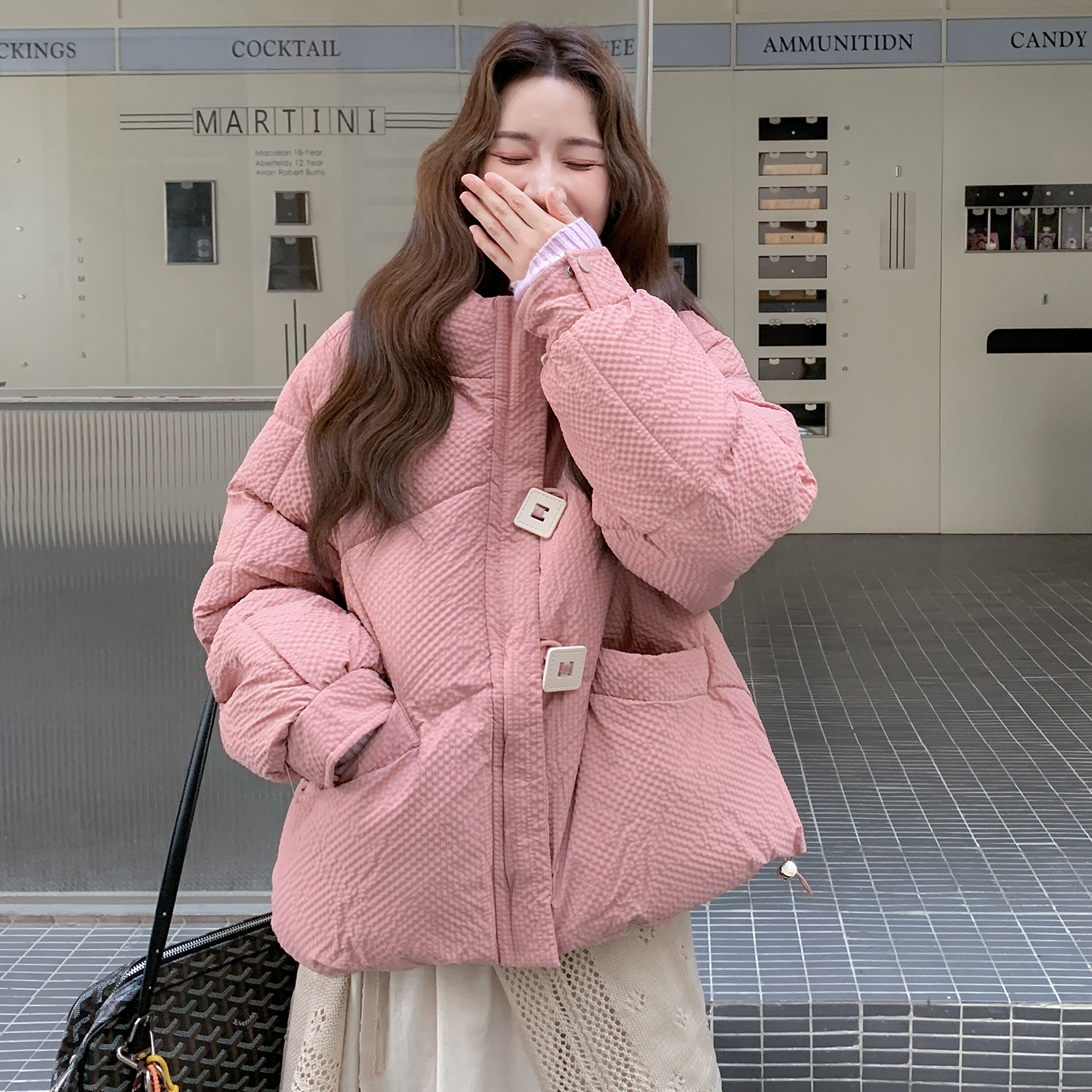 实拍花栗鼠小姐同款冰岛方糖方扣三防棉服连帽短款羽绒服女冬棉衣