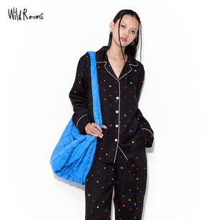 WildRooms春秋新款 天丝可外穿家居服睡衣套装 黑色长款 印花时尚
