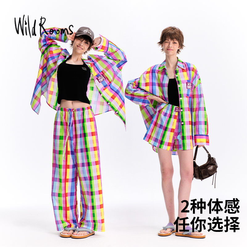 WildRooms2025新款彩虹格子家居服两件套装女可外穿纯棉长袖睡衣