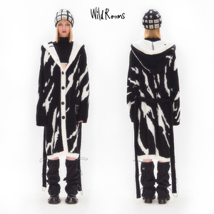 WildRooms设计师款冬日狂想曲男女黑白半边绒连帽中长款家居睡袍