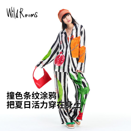 WildRooms家居服套装亲肤透气莱赛尔涂鸦条纹可外穿睡衣夏季女款