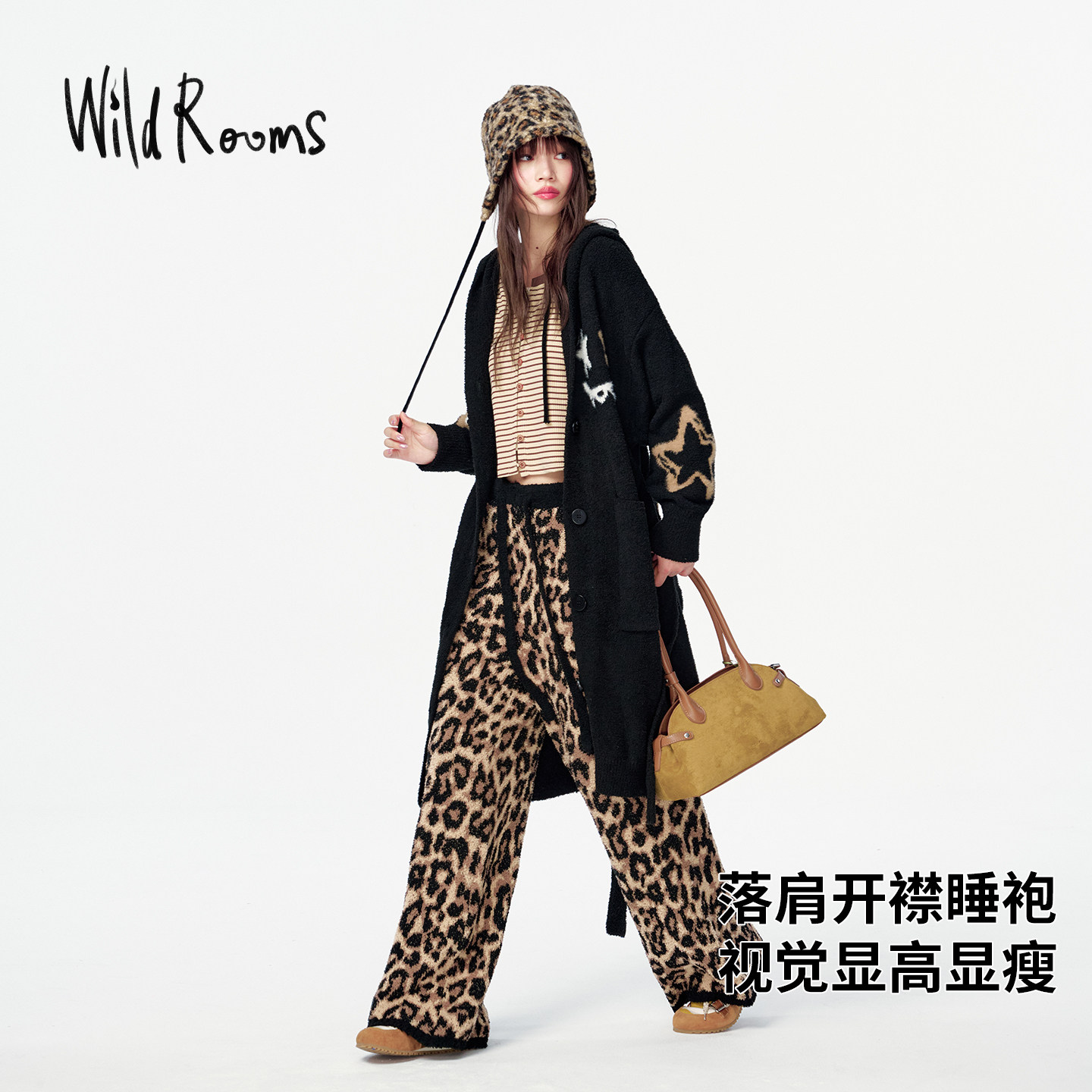 WildRooms睡袍秋冬中长款黑色保暖半边绒家居服女士可外穿