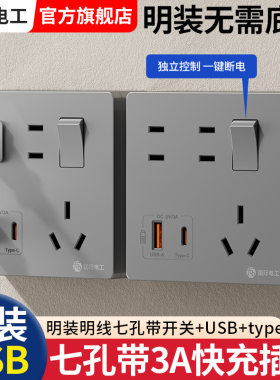 明装USB插座一开七孔快充type-c