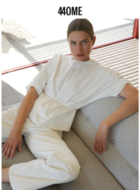 440ME女装新品全棉休闲百搭灯笼袖系带收腰短款中袖衬衫FDSS0237W