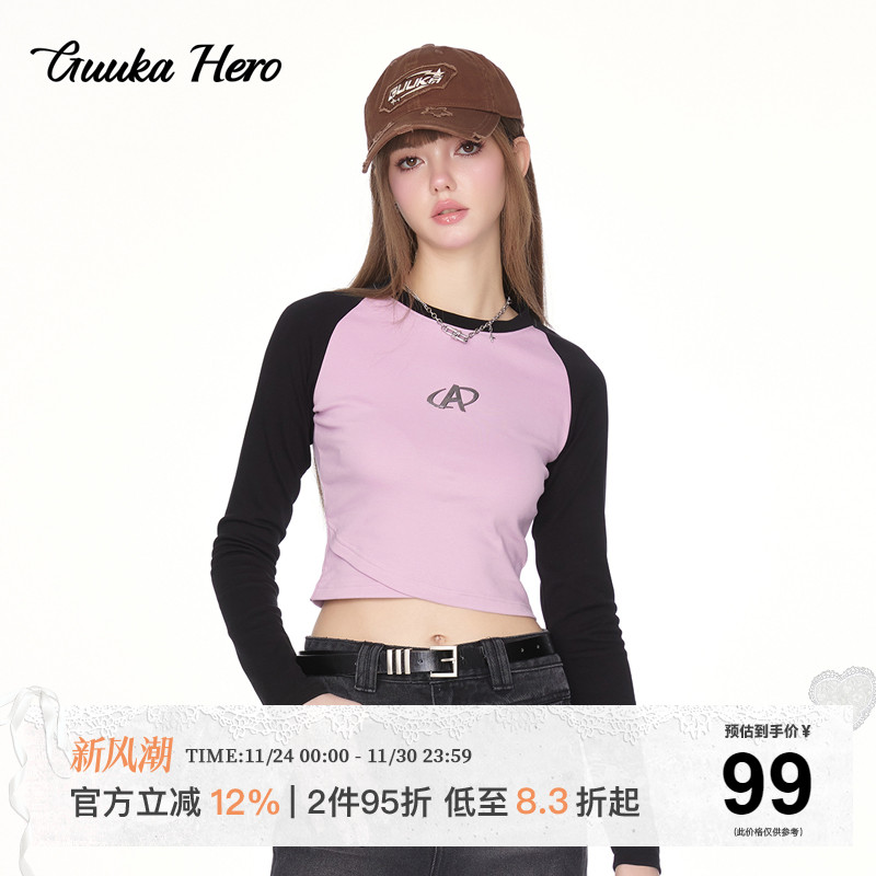 GUUKAHERO黑粉长袖撞色短款上衣