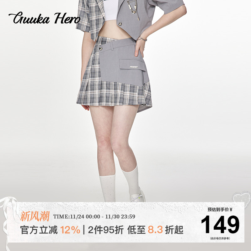 GUUKAHERO西装格子拼接A字短裙