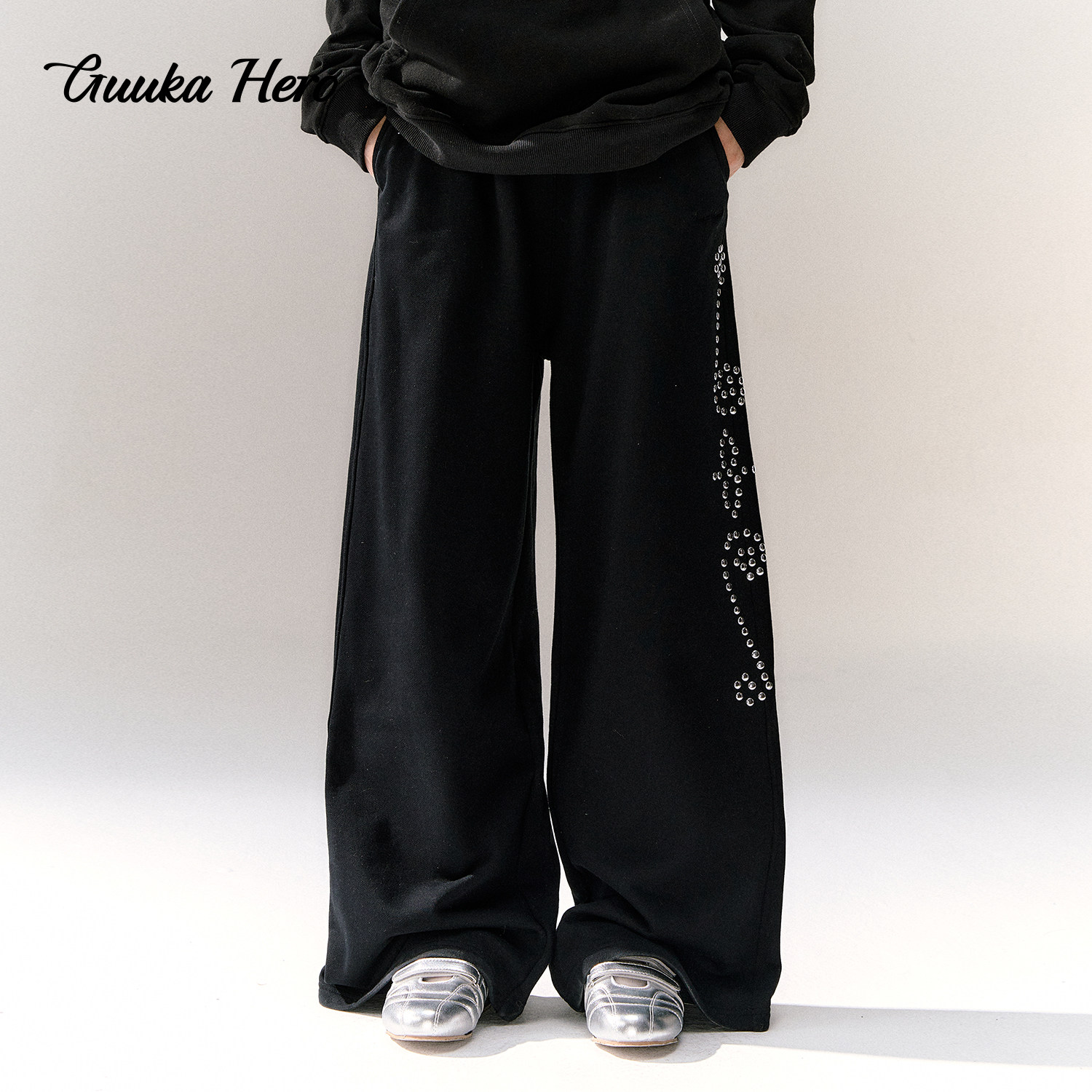 GUUKAHERO黑色拼接双腰头直筒卫裤女 烫钻运动阔腿裤休闲百搭裤子,女装/女士精品,卫裤,淘宝优惠券,粉丝福利购,淘宝优惠卷