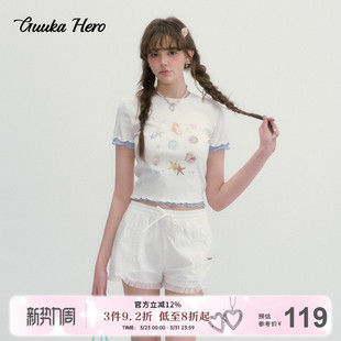 GUUKAHERO白色双层木耳边印花短袖 素正肩上衣 T恤女韩系甜美海洋元