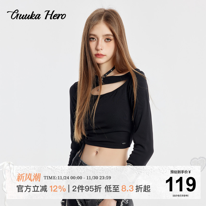 GUUKAHERO辣妹风镂空抽绳长袖T恤