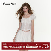 GUUKAHERO白色镂空方领泡泡袖 蝴蝶结蕾丝镂空衬衣上衣 女 短袖 衬衫