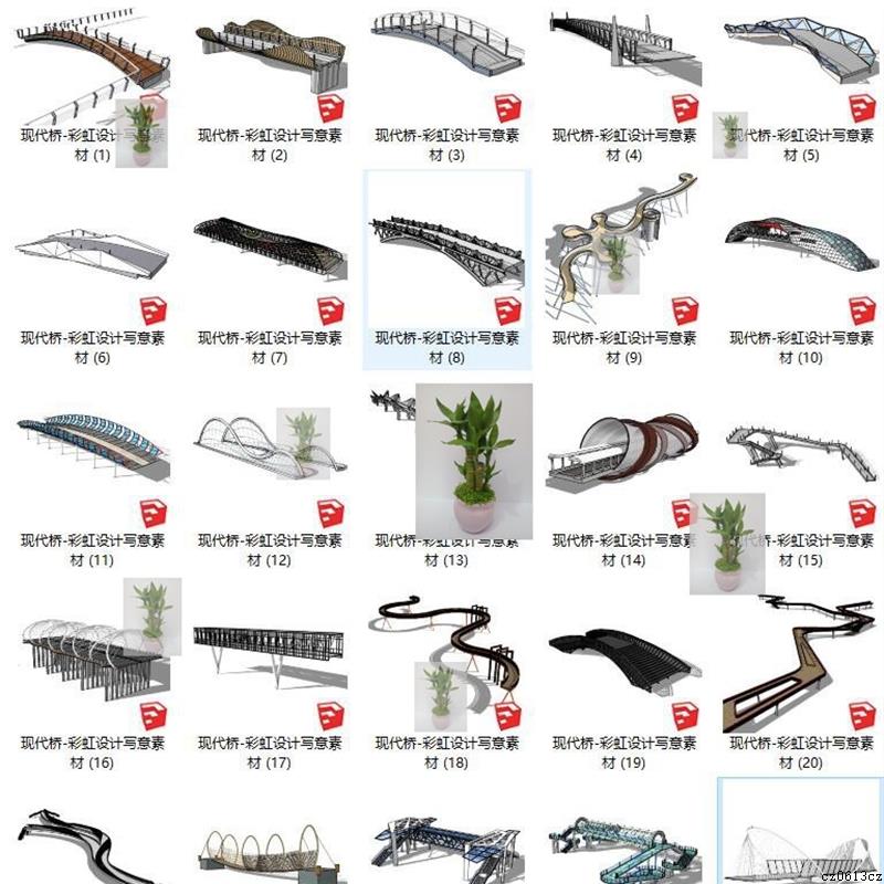 行人天桥异形钢结构湿地公园su廊桥观光栈道su素材玻璃桥梁su模型