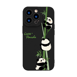 熊猫爬竹子手机壳苹果15三只iPhone14爬树13promax抱12mini一根11三个8plus黄色ip7情侣xr柠檬se3适用xs套x