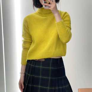 篙品质~羊毛面料 温暖柠檬黄高领针织衫 甜美小短款打底上衣 女