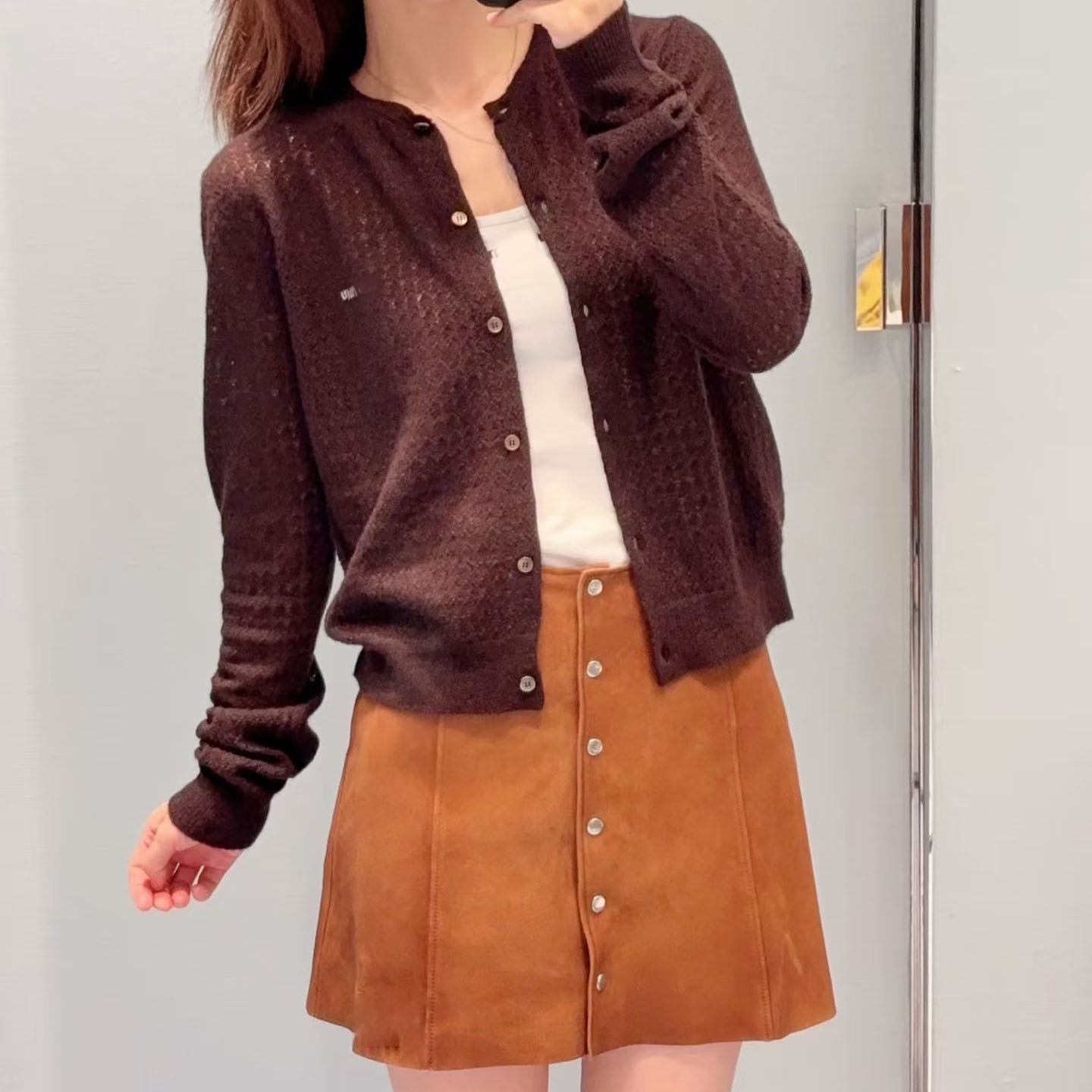 丝羊绒学院风镂空针织开衫外套女