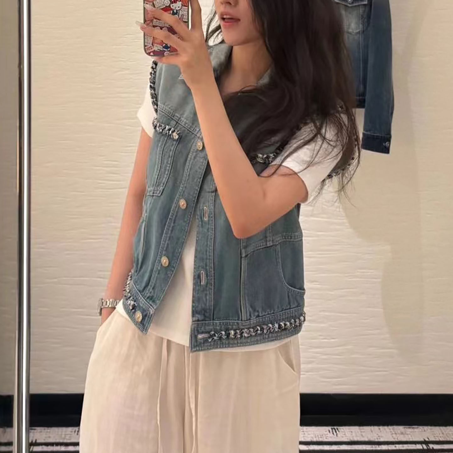 篙品质~小香风手工坊 编织水洗丹宁马甲外套 半裙 九分裤 套装 女
