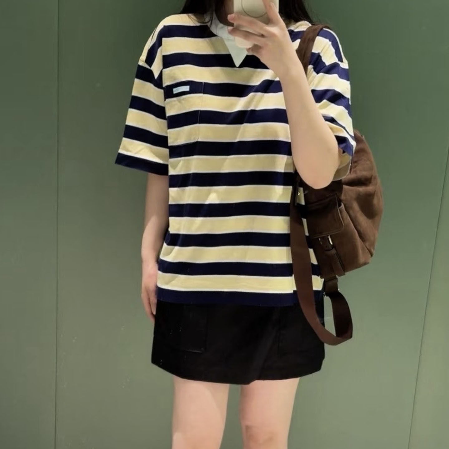 篙品质~棉质~休闲学院风 条纹撞色短袖T恤 口袋圆领上衣 26早春女