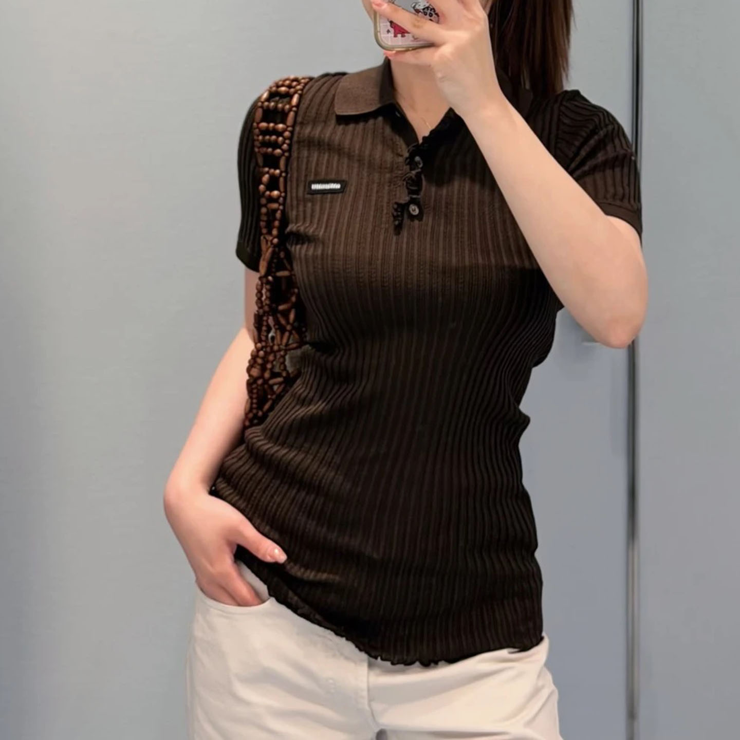 桑蚕丝坑条修身短袖翻领针织polo